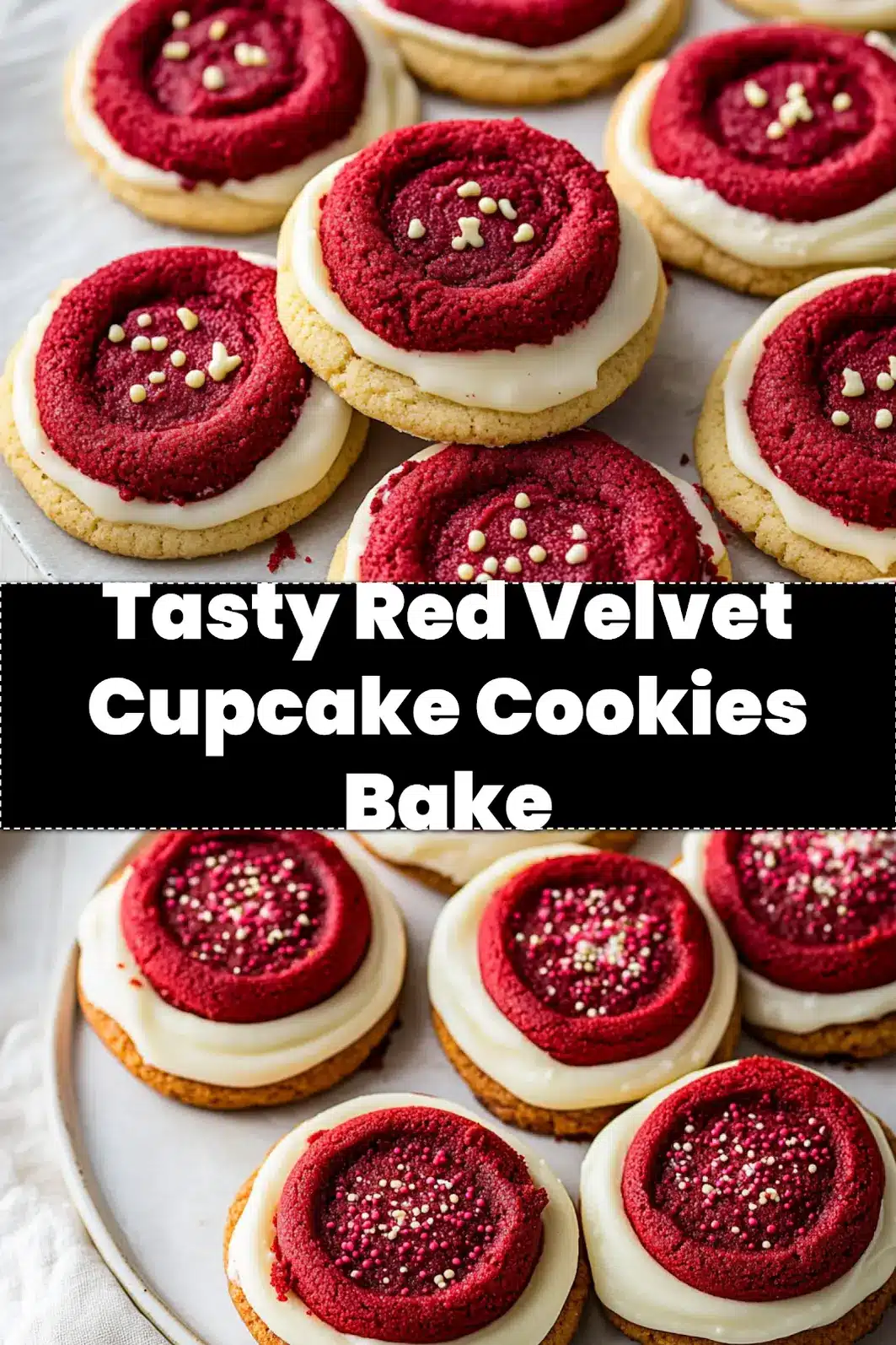 A visually appealing stack of Red Velvet Cupcake Cookies, frosted with tangy cream cheese, ideal for sharing on Pinterest.