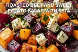 ROASTED BEET AND SWEET POTATO SALAD WITH FETA centered hero view, clean and uncluttered