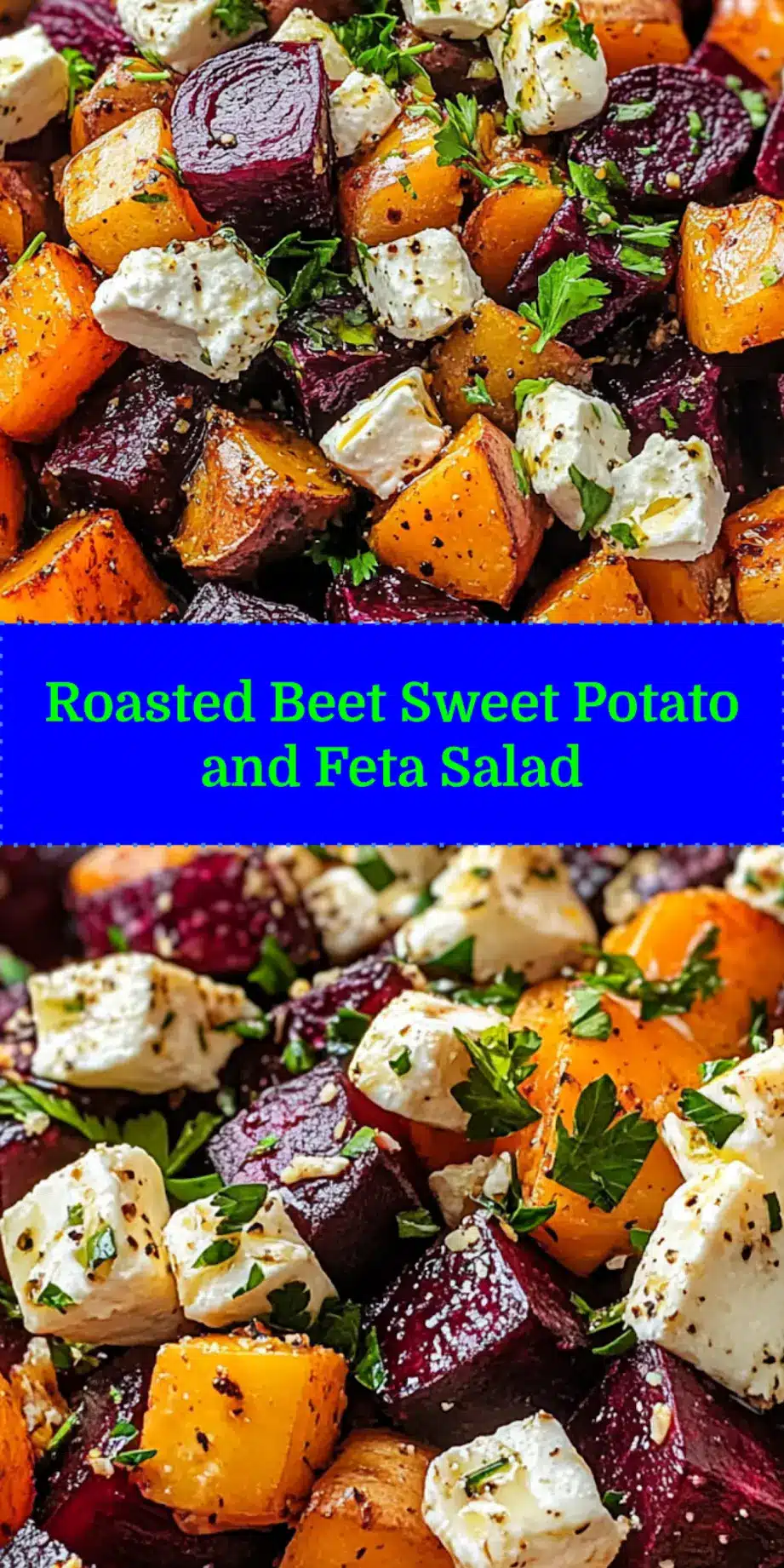ROASTED BEET AND SWEET POTATO SALAD WITH FETA centered hero view, clean and uncluttered_pin