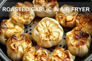 ROASTED GARLIC IN AIR FRYER centered hero view, clean and uncluttered