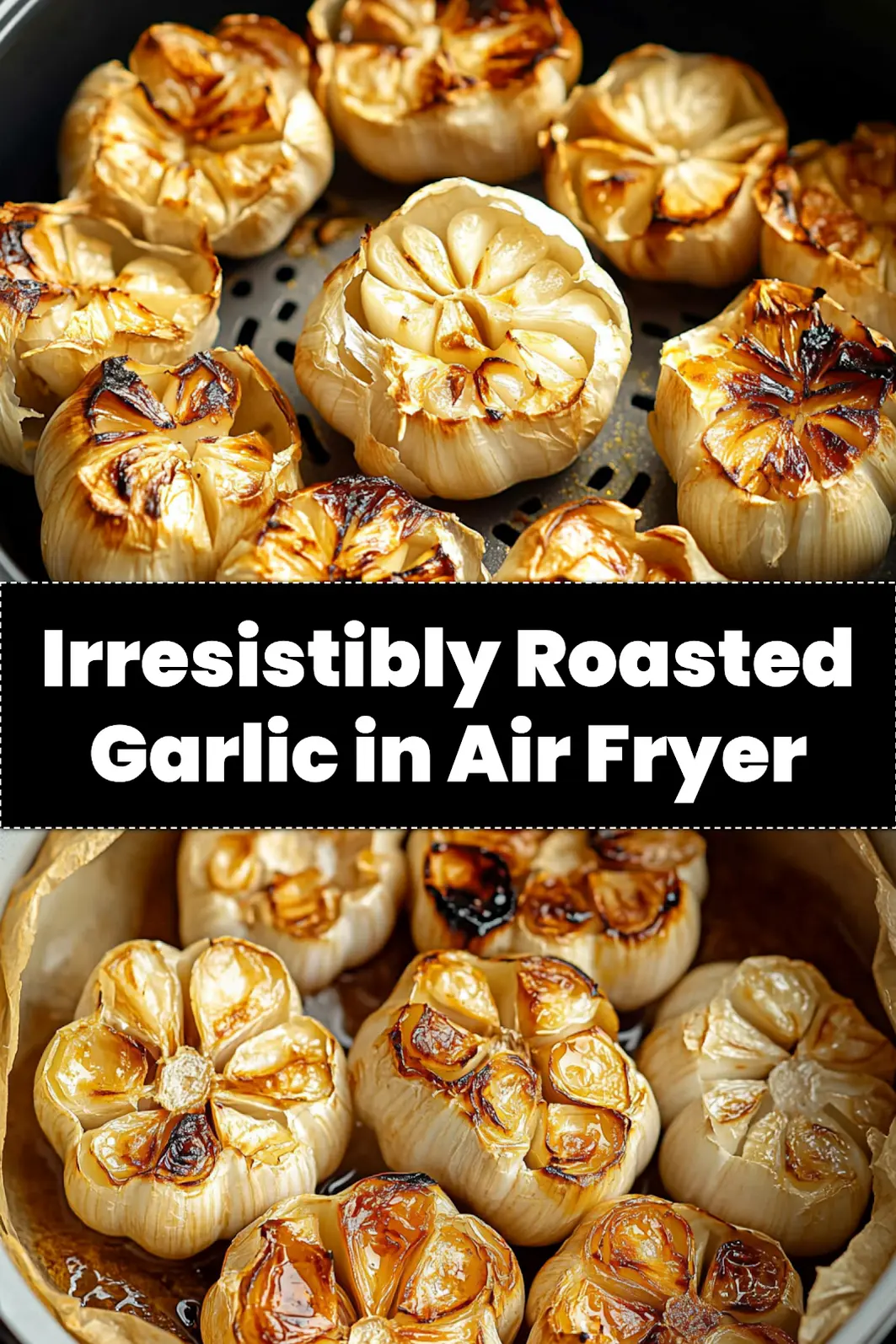 Golden roasted garlic bulbs in foil, soft and tender, ready for pinning.