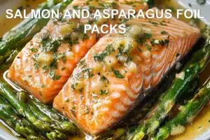 SALMON AND ASPARAGUS FOIL PACKS centered hero view, clean and uncluttered