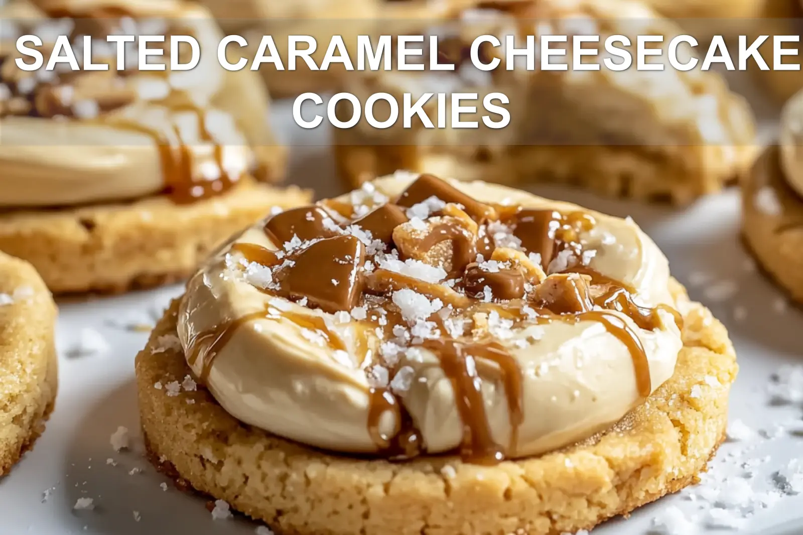 SALTED CARAMEL CHEESECAKE COOKIES centered hero view, clean and uncluttered