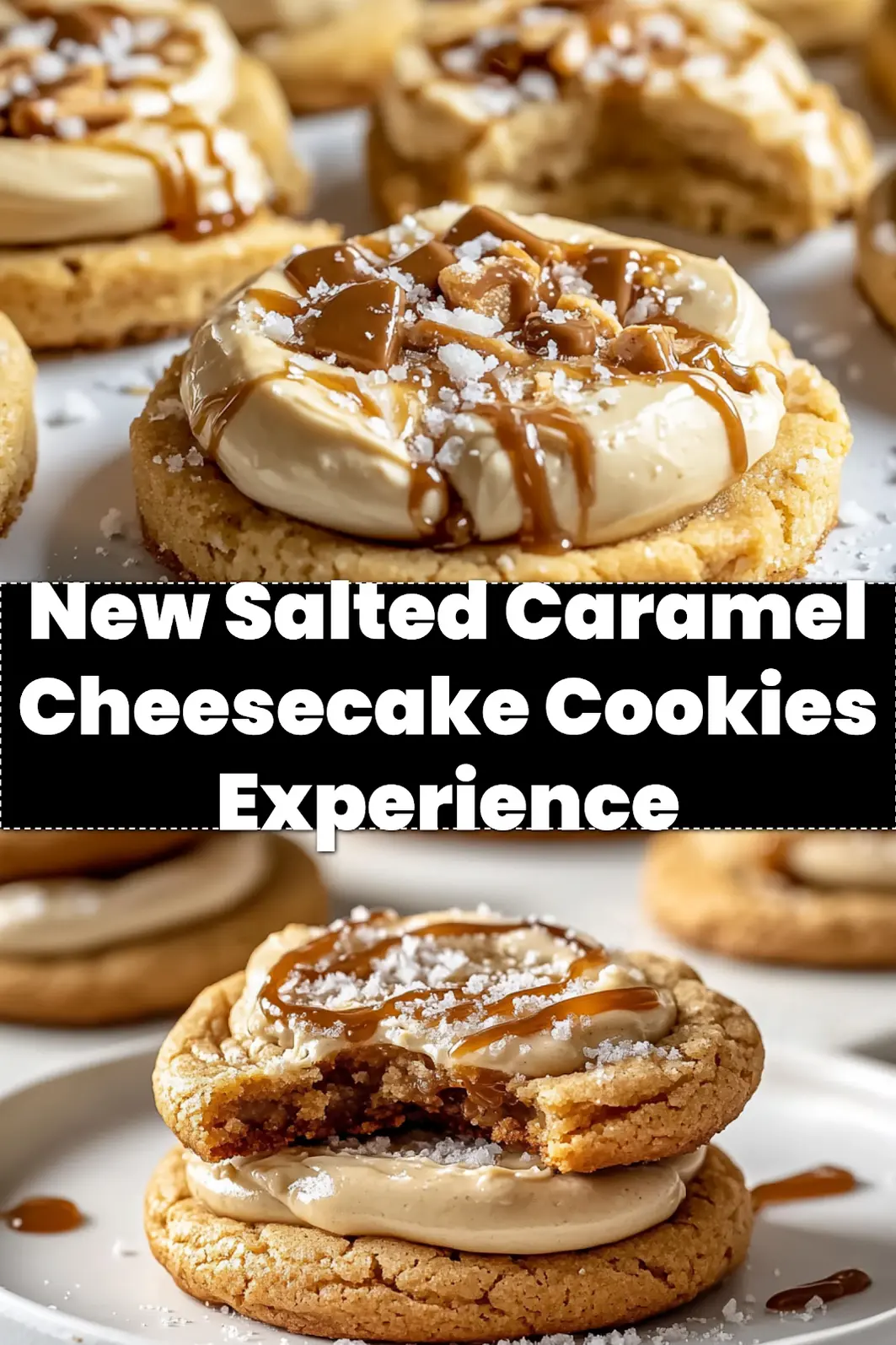 Arrangement of warm Salted Caramel Cheesecake Cookies on a cooling rack, with some artfully stacked and drizzled with caramel.