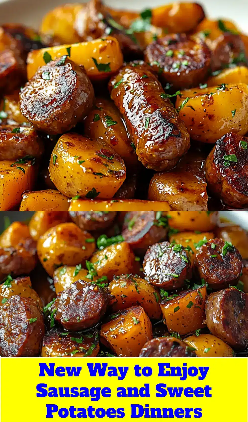 SAUSAGE AND SWEET POTATOES WITH HONEY GARLIC SAUCE centered hero view, clean and uncluttered_pin