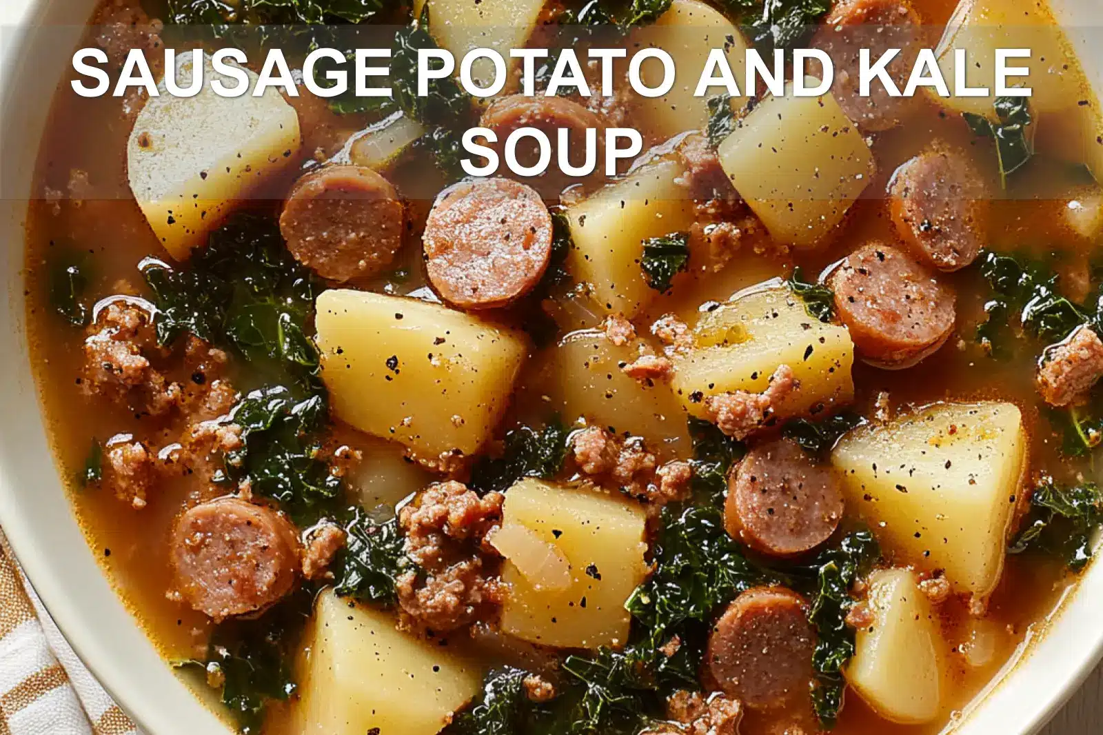 SAUSAGE POTATO AND KALE SOUP centered hero view, clean and uncluttered