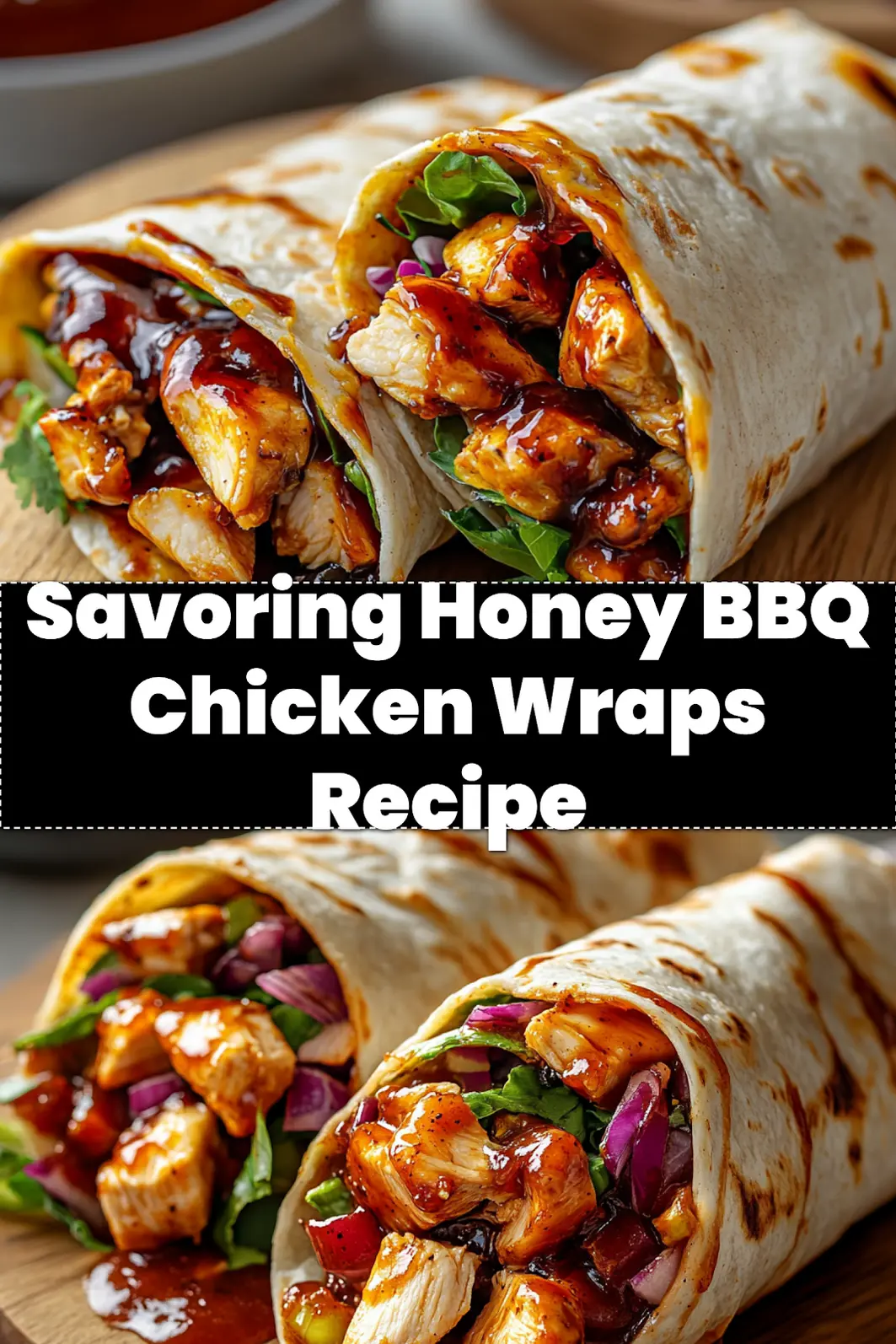 SAVORING HONEY BBQ CHICKEN WRAPS centered hero view, clean and uncluttered_pin
