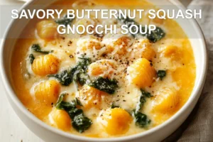 SAVORY BUTTERNUT SQUASH GNOCCHI SOUP centered hero view, clean and uncluttered
