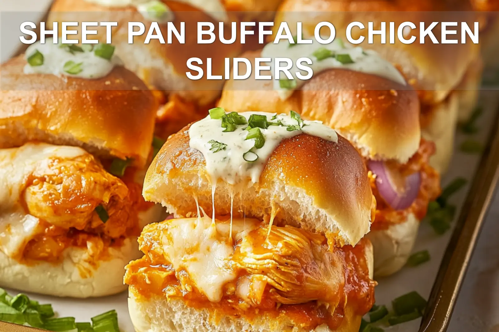 SHEET PAN BUFFALO CHICKEN SLIDERS centered hero view, clean and uncluttered