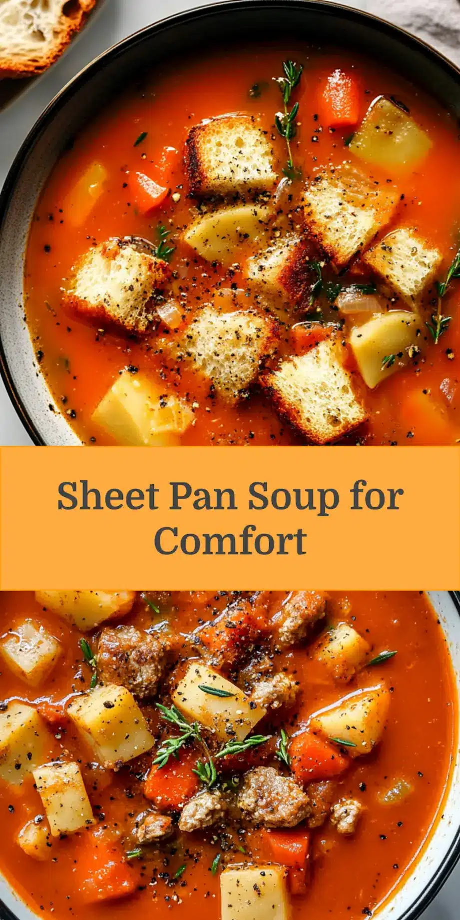 A warm, creamy bowl of Sheet Pan Roasted Vegetable Soup, garnished with fresh herbs and crispy grilled cheese croutons, served on a rustic wooden surface.