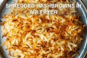 SHREDDED HASHBROWNS IN AIR FRYER centered hero view, clean and uncluttered