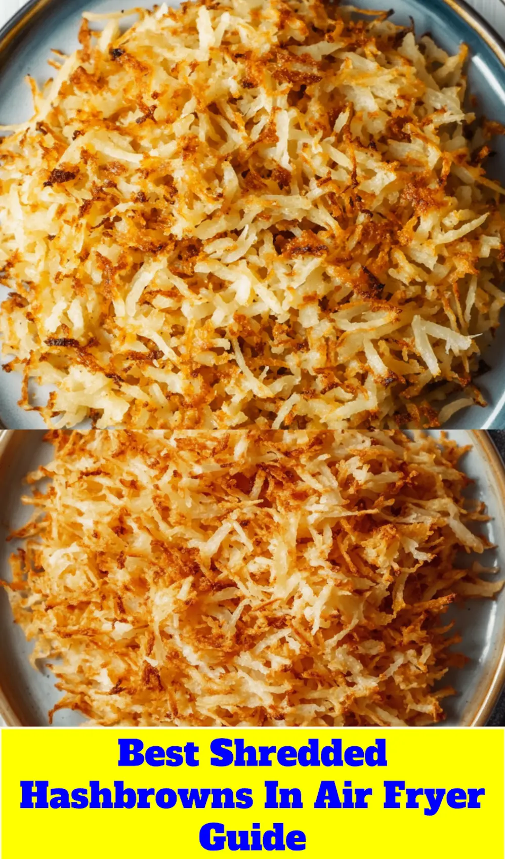 Crispy shredded hashbrowns in an air fryer basket, ready to serve, for a Pinterest pin