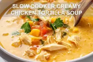 SLOW COOKER CREAMY CHICKEN TORTILLA SOUP centered hero view, clean and uncluttered