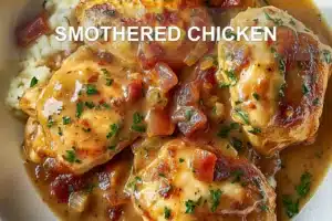 SMOTHERED CHICKEN centered hero view, clean and uncluttered