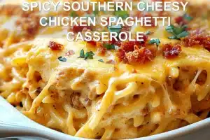SPICY SOUTHERN CHEESY CHICKEN SPAGHETTI CASSEROLE centered hero view, clean and uncluttered