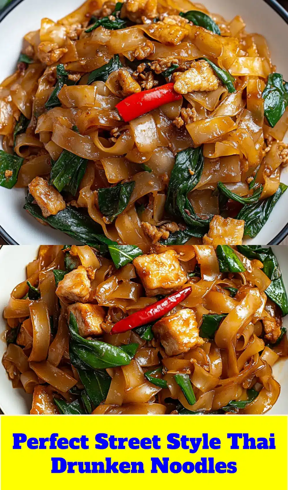 A close-up of a serving of Street Style Thai Drunken Noodles, highlighting the glossy sauce-coated noodles and fresh Thai basil leaves, ideal for Pinterest sharing.