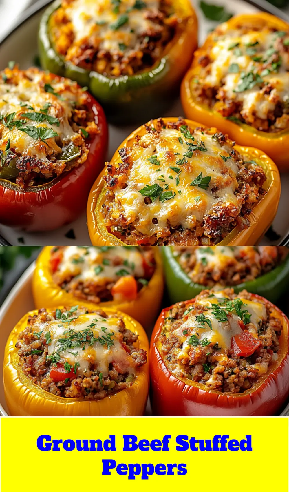 A beautifully baked stuffed bell pepper, golden and bubbling with melted cheese, garnished with fresh parsley, ready to serve.