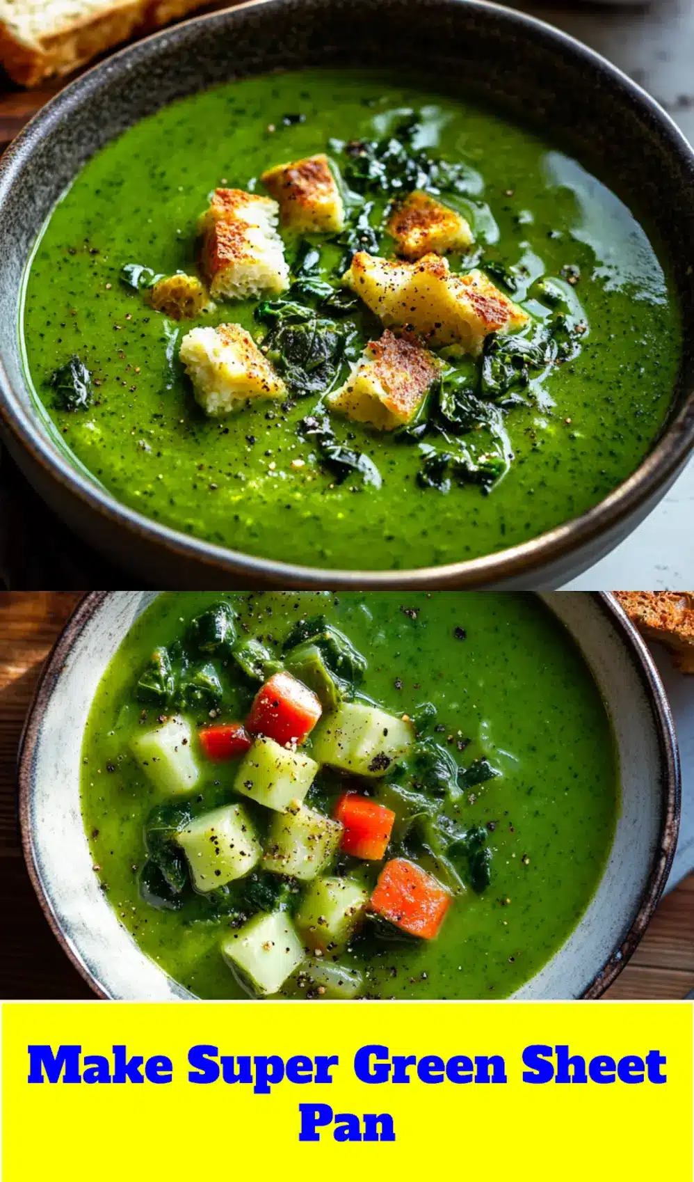 Super Green Sheet Pan Soup Quick Easy Recipes 4 Pin-friendly image of Super Green Sheet Pan Soup with croutons, centered and vibrant