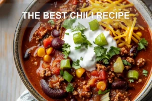 THE BEST CHILI RECIPE centered hero view, clean and uncluttered