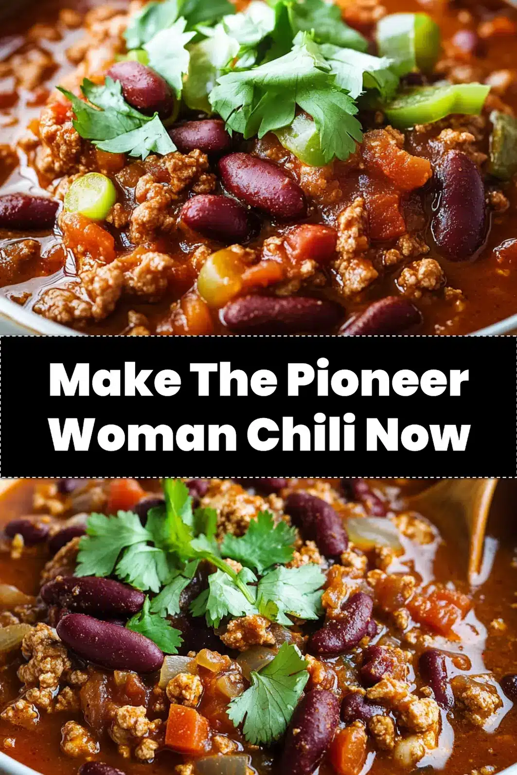 A close-up of The Pioneer Woman Chili in a rustic bowl with toppings, suitable for Pinterest sharing.