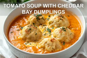 TOMATO SOUP WITH CHEDDAR BAY DUMPLINGS centered hero view, clean and uncluttered