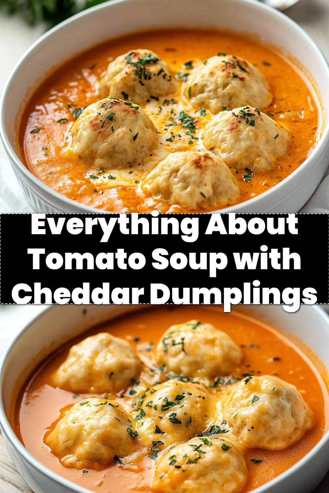 TOMATO SOUP WITH CHEDDAR BAY DUMPLINGS centered hero view, clean and uncluttered_pin