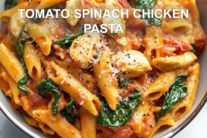 TOMATO SPINACH CHICKEN PASTA centered hero view, clean and uncluttered