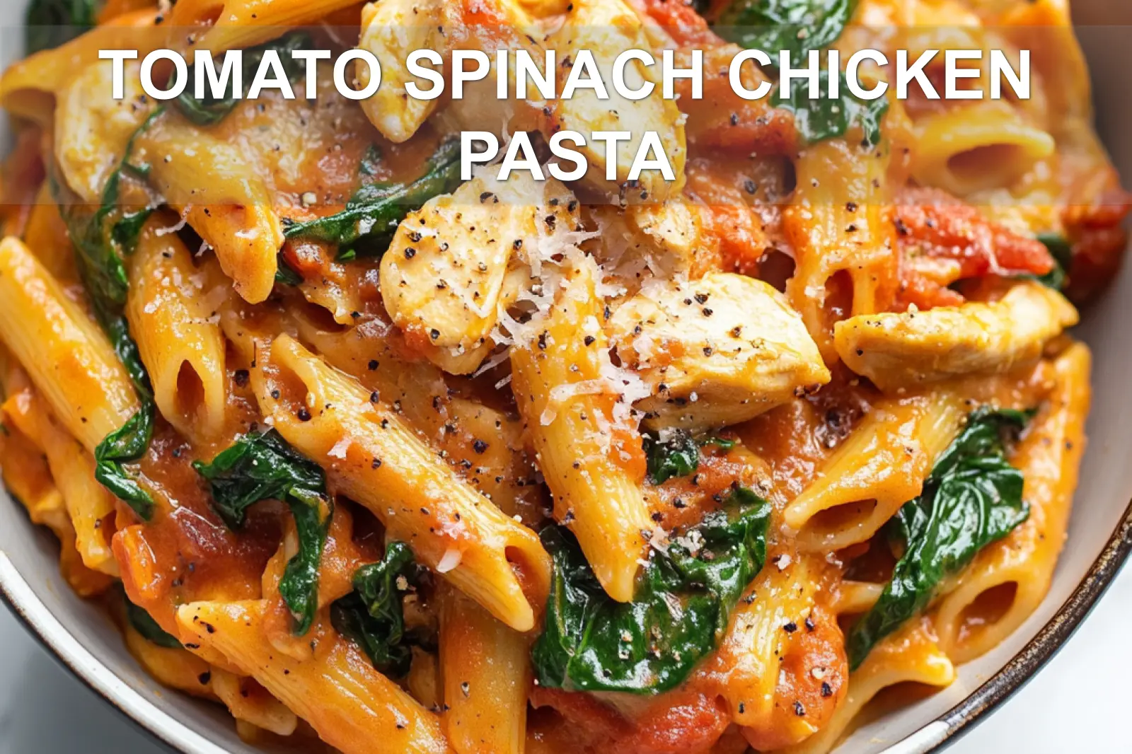 Tomato Spinach Chicken Pasta Recipe Easy and Delicious 2 TOMATO SPINACH CHICKEN PASTA centered hero view, clean and uncluttered