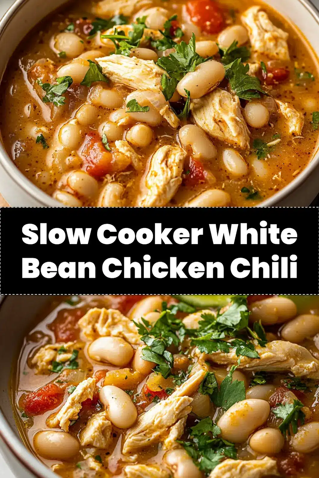 Overhead shot of creamy White Bean Chicken Chili in a rustic bowl, garnished with fresh cilantro and a dollop of sour cream, ready to be served.