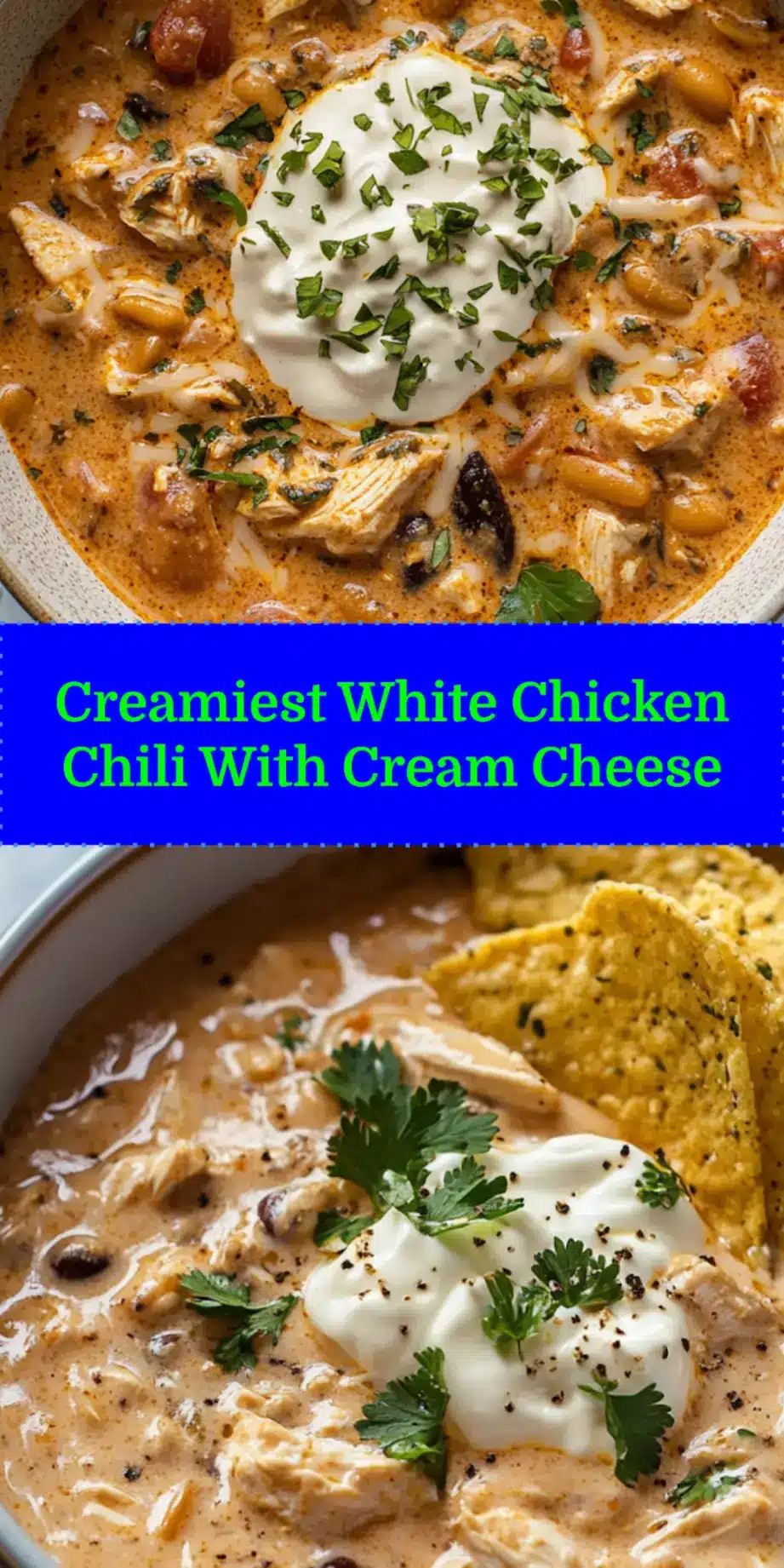 WHITE CHICKEN CHILI RECIPE WITH CREAM CHEESE centered hero view, clean and uncluttered_pin