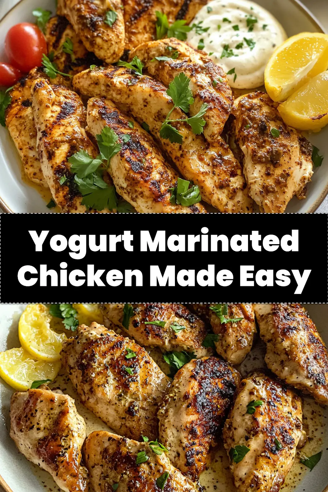 Perfectly grilled Yogurt Marinated Chicken, golden brown and garnished with fresh herbs, ready to serve. Ideal for a Pinterest pin.