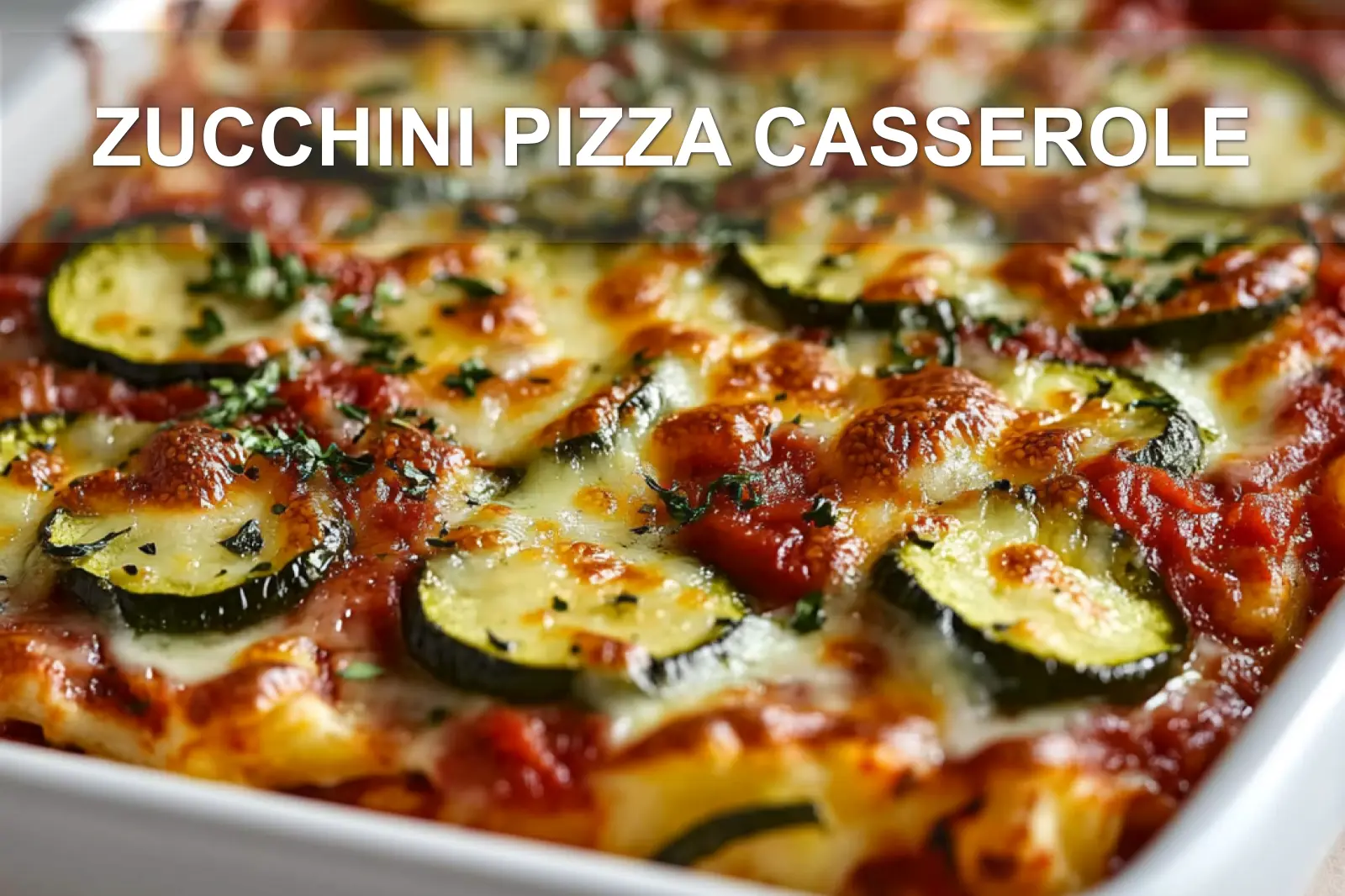 ZUCCHINI PIZZA CASSEROLE centered hero view, clean and uncluttered
