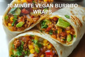 10-MINUTE VEGAN BURRITO WRAPS centered hero view, clean and uncluttered
