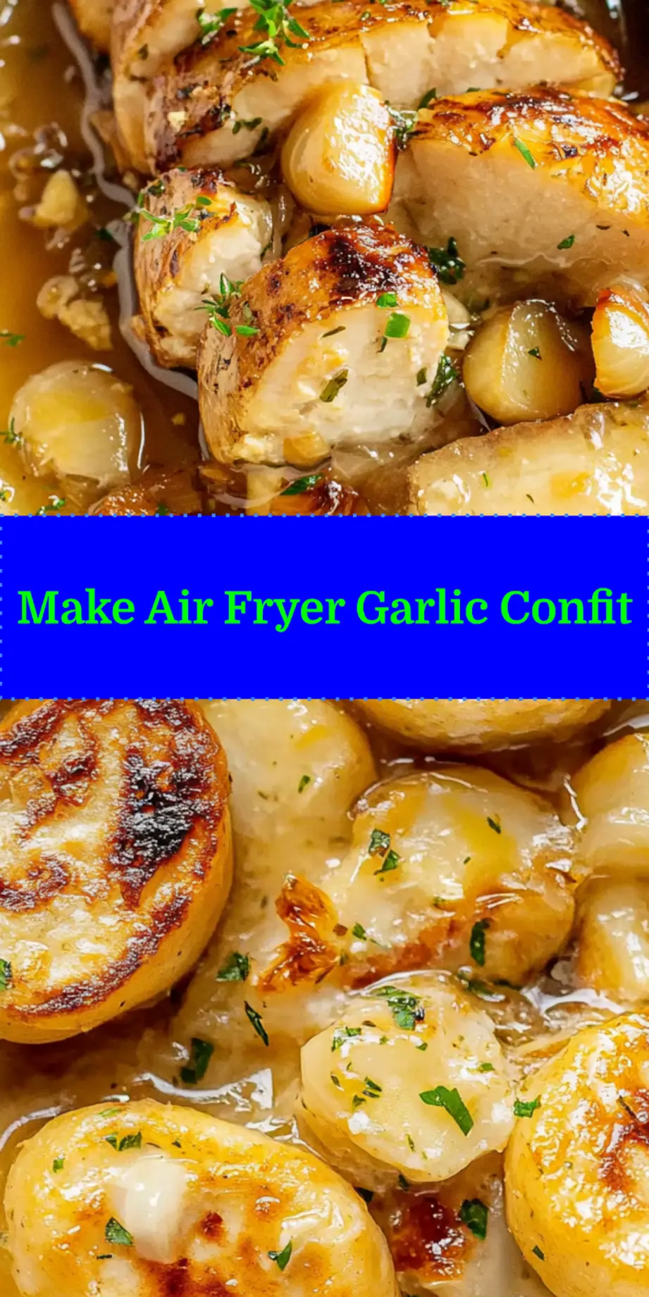 Styled overhead shot of a small bowl of air fryer garlic confit with herbs, ready to be served