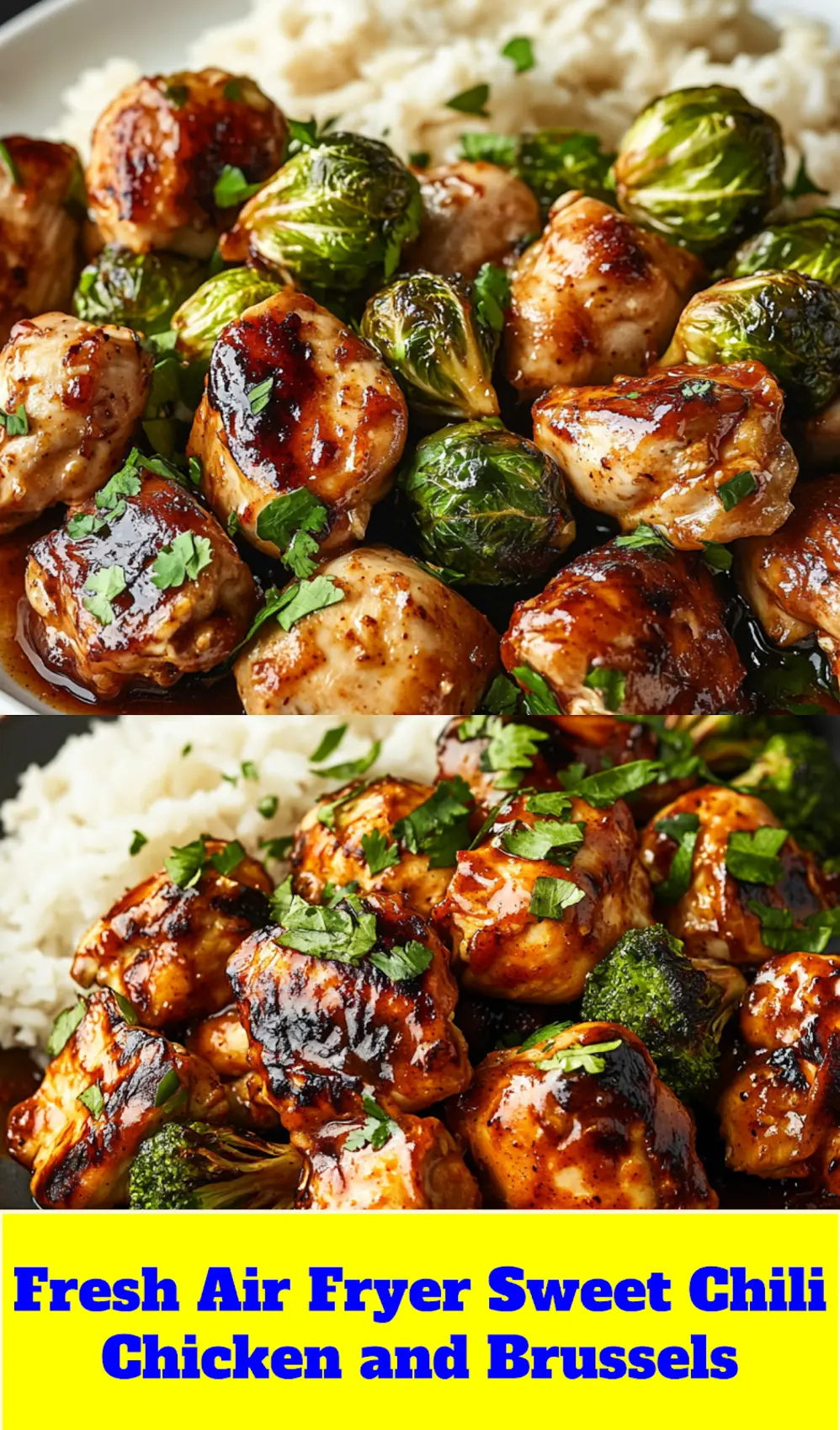 AIR FRYER SWEET CHILI CHICKEN AND BRUSSELS centered hero view, clean and uncluttered_pin