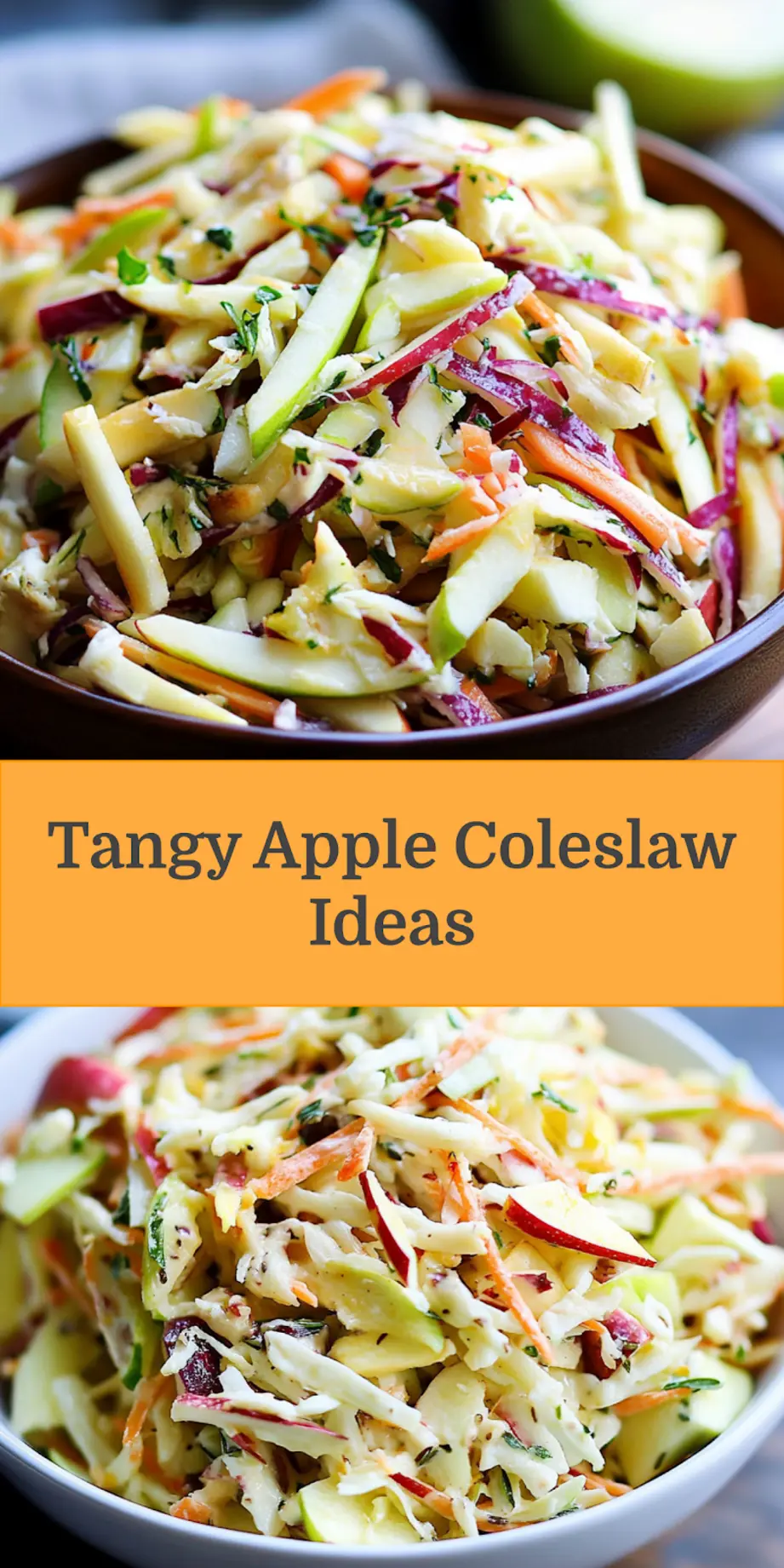 Apple coleslaw centered hero view, clean and uncluttered pin