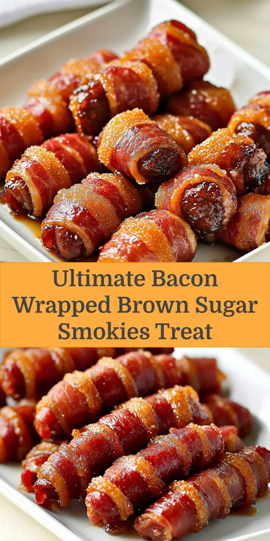 A platter of golden brown, bacon-wrapped brown sugar smokies, ready to serve