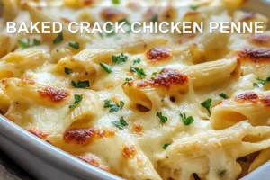 Easy and Delicious Baked Crack Chicken Penne Recipe BAKED CRACK CHICKEN PENNE centered hero view, clean and uncluttered