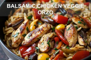 Enjoy Balsamic Chicken Orzo - Tantalizing Easy Meal BALSAMIC CHICKEN VEGGIE ORZO centered hero view, clean and uncluttered