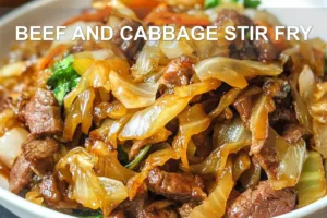 BEEF AND CABBAGE STIR FRY centered hero view, clean and uncluttered