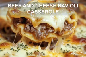 BEEF AND CHEESE RAVIOLI CASSEROLE centered hero view, clean and uncluttered