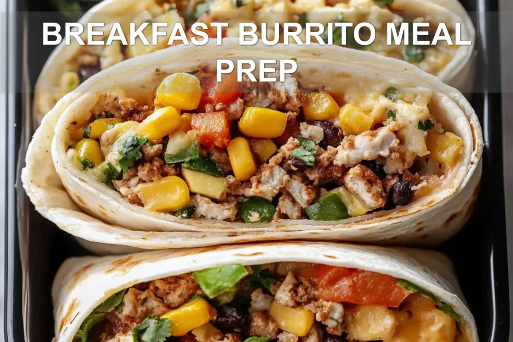 BREAKFAST BURRITO MEAL PREP centered hero view, clean and uncluttered