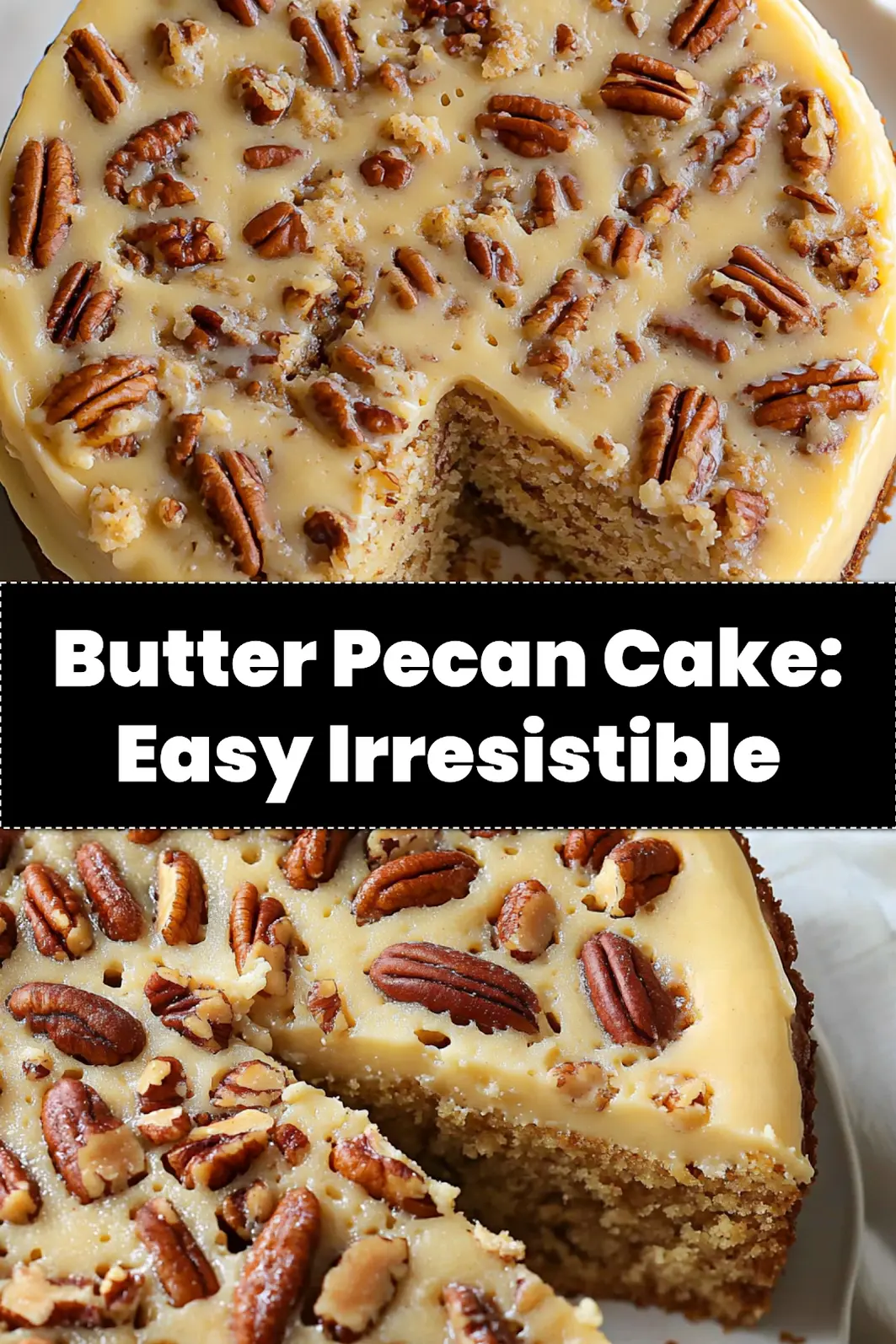 Finished Butter Pecan Cake with frosting and pecan decoration