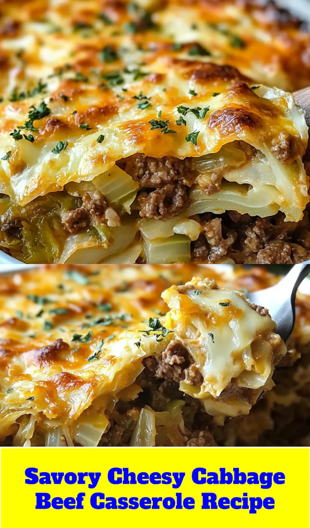 Irresistibly Cheesy Cabbage Beef Casserole Recipe 4 CHEESY CABBAGE BEEF CASSEROLE centered hero view, clean and uncluttered_pin