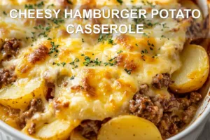 CHEESY HAMBURGER POTATO CASSEROLE centered hero view, clean and uncluttered