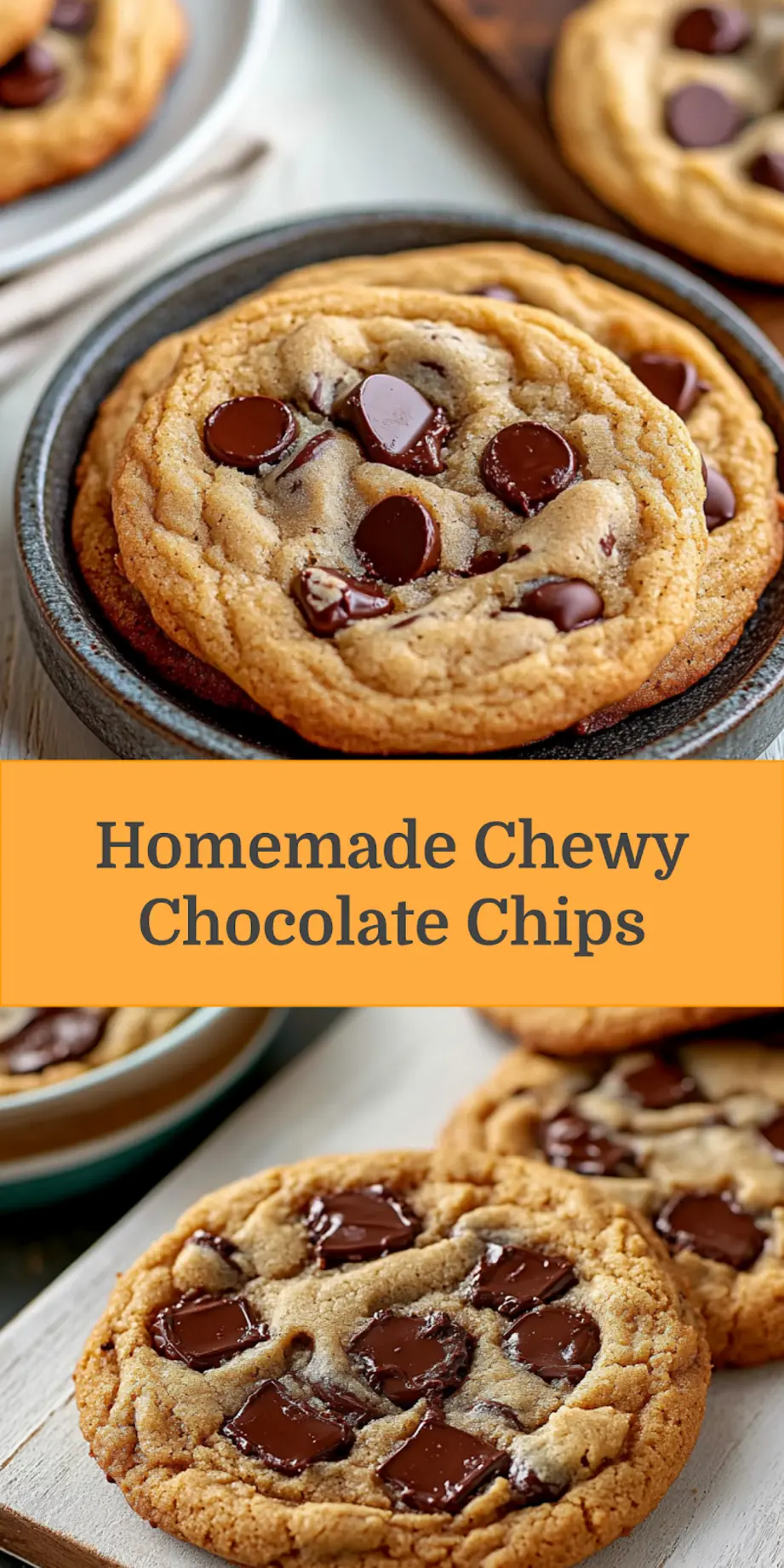 Plate of chewy chocolate chip cookies, each with melty chocolate chips