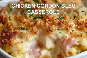 CHICKEN CORDON BLEU CASSEROLE centered hero view, clean and uncluttered