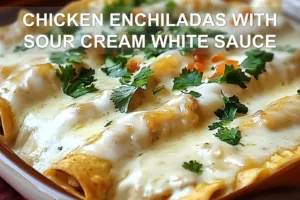 CHICKEN ENCHILADAS WITH SOUR CREAM WHITE SAUCE centered hero view, clean and uncluttered