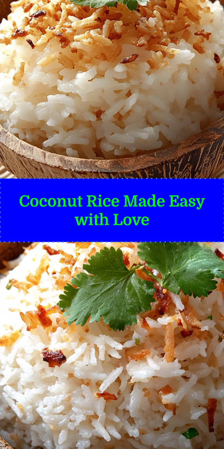 Finished coconut rice served in a bowl with toasted coconut and lime zest
