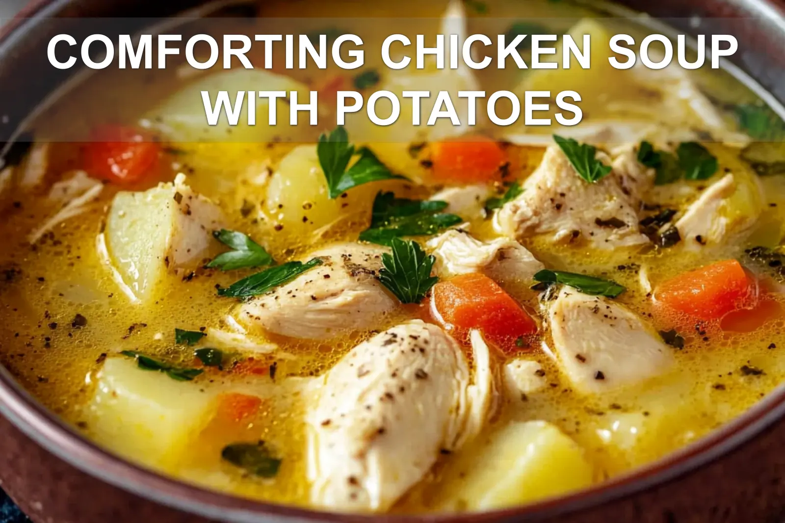 COMFORTING CHICKEN SOUP WITH POTATOES centered hero view, clean and uncluttered